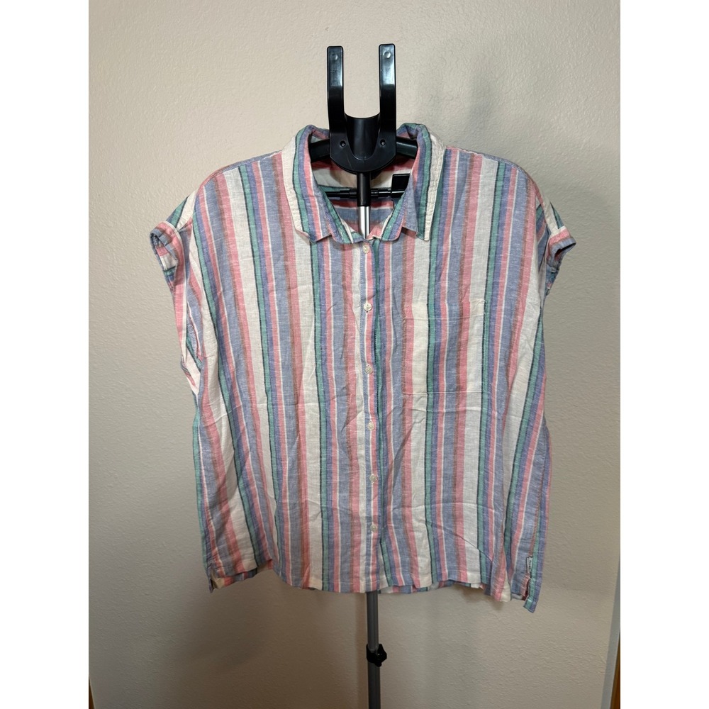 Orvis Classic Collection Womens Large Linen Blend Striped Button Up Top Multi